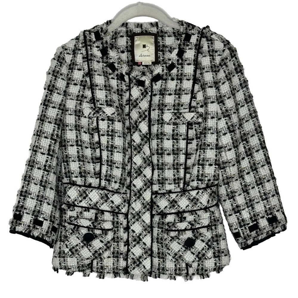 Anthropologie Elevenses Blazer Womens Tweed Snap Closure Black White Snapshot 4